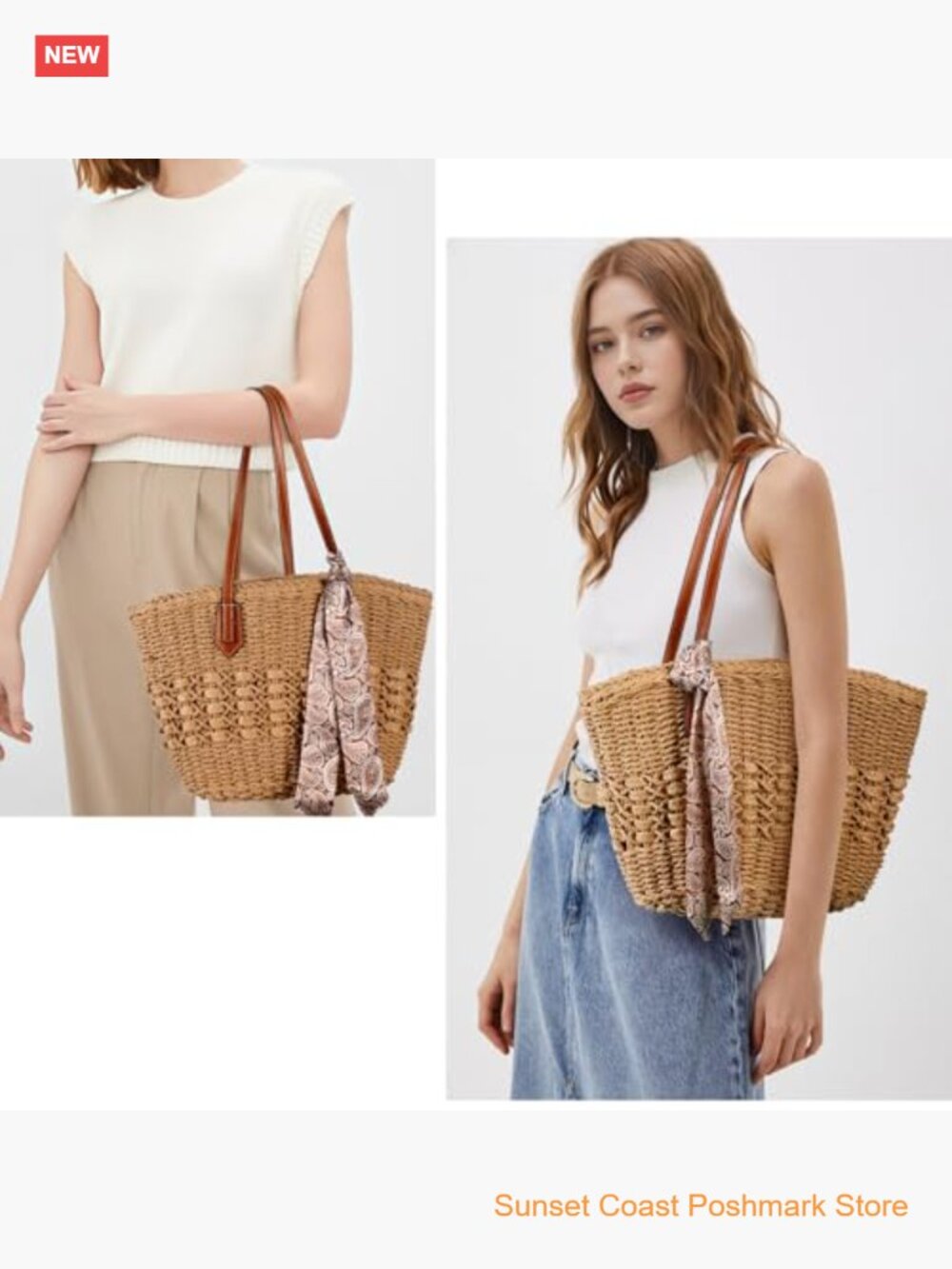Woven Straw Beach Tote Bag Large Capacity Handbag with Zipper Closure and Silk - Picture 2 of 7